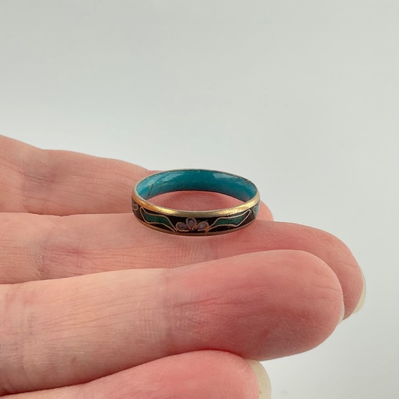 Vintage Black Cloisonne Enamel Ring with Pink Flowers & Green Leaves - Picture 4 of 9